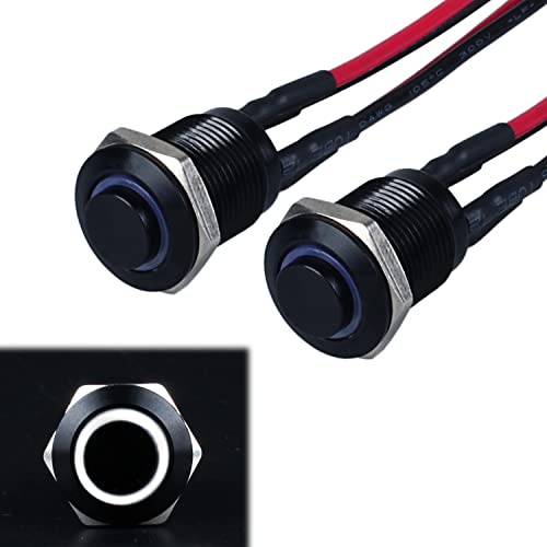 JIQI 2 interruttori a pressione Momentary da 12 V a 24 V 2 A, impermeabili, in metallo, IP66, 1NO pulsante nero con luce a LED, fili di collegamento per moto (testa alta, bianco)
