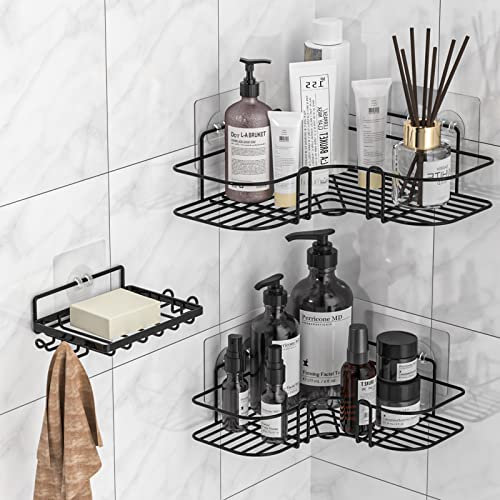 Corner Shower Caddy, 3 Pack Bathroom Shelves with Soap Razor Holder, No Drilling Shower Shelf, Adhesive Shower Storage Rack, Black