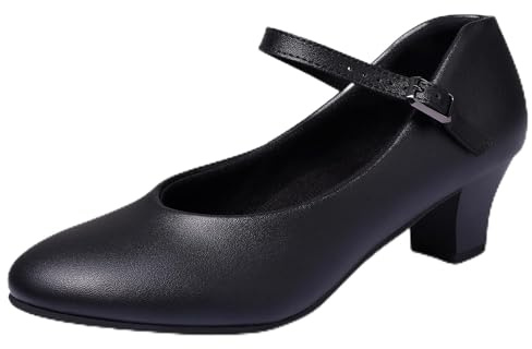 Linodes PU Leather Ankle Strap Character Shoe 1.55'' Dance Shoes for Women-Black-7.5M-UPD