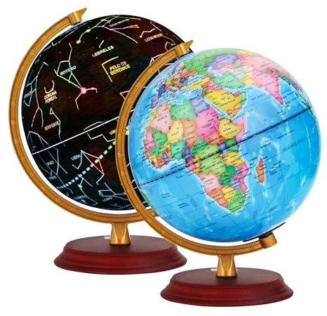 EXERZ Globo Terráqueo Iluminado 20cm, Mapa en Español, Político (Día) y Constelaciones de Estrellas (Noche) - Base de Madera, Lámpara LED