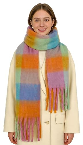 SHOHOKU Large Chunky Plaid Scarf Coloured Checked Oversized Scarf Tassel Soft Fall Winter Thick Warm Shawl Women (K)