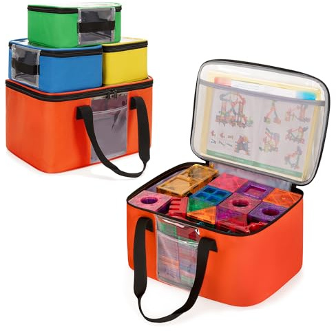 Rexmica 4 Pack Toy Storage Bag for Magnetic Building Tiles, Multifunction Toy Storage Organizer Bag, Magnetic Blocks Tiles Travel Bag Case with Visible Top for Building Blocks, Board Game