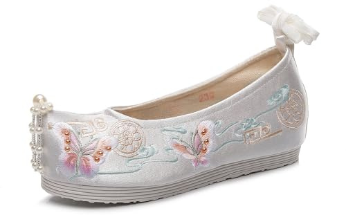 Chaussures À Fleurs Brodées Hanfu Pour Dames, Chaussures Traditionnelles Chinoises Avec Décoration De Perles Légères Et Décontractées Chaussures Augmentant La Hauteur Intérieure(Color:White,Size:35 EU