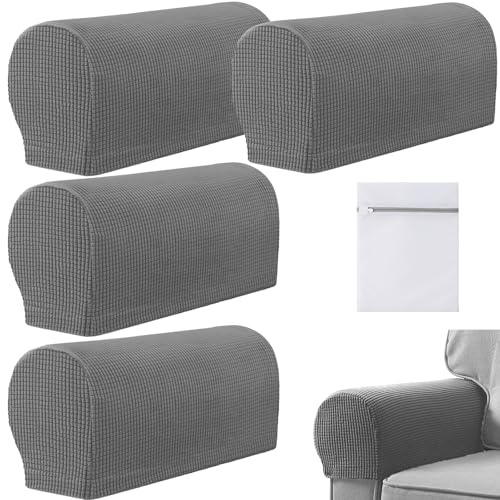VEGCOO 4 Pcs Armrest Chair Covers, Stretch Arm Rest Covers Soft Polyester Armchair Couch Sofa Arm Caps with Laundry Bag, Non Slip Arm Covers Furniture Protector for Sofa Chair Couch Recliner (Grey)