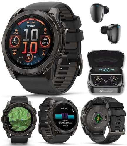 Wearable4U Garmin Fenix 8 51 mm, AMOLED Multisport GPS Smartwatch, Sapphire, Carbon Gray DLC Titanium with Black/Pebble Gray Silicone, Built-in LED Flashlight, Voice Control Black Earbuds Bundle