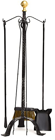 SET CAMINO alto e robusto completo di accessori in ferro battuto made in Italy, artigianale, con paletta, molle, attizzatoio e scopina in ottone che non brucia, Misure cm 25 x cm 77