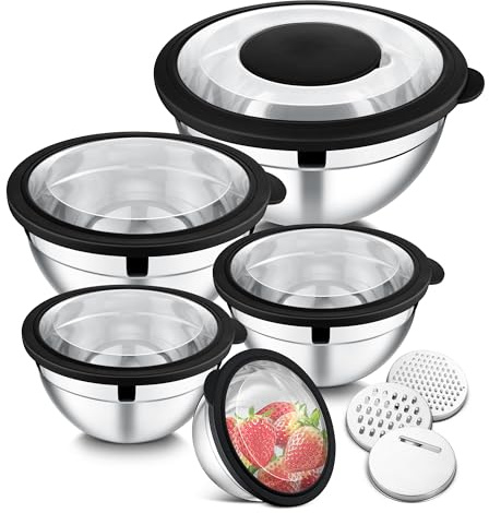 E-far Mixing Bowls Set of 5, Stainless Steel Salad Mixing Bowl with Transparent Lid, Metal Nesting Bowl Attach with 3 Graters for Kitchen Prepping/Serving/Baking/Storage, 4.6/2.6/1.5/1/0.7 QT - Black