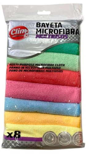 Clim Profesional Set 8 Bayetas de Microfibra de Colores Surtidos - Todo Tipo de Superficies - Gran Absorción y Acabados Sólo con Agua (30x30 CM)