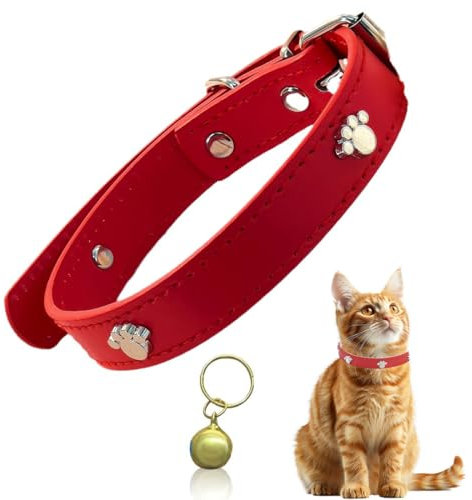 BDEPSTR Collar de gato de cuero, collar de seguridad para gatos con correa elástica, collar de gatito con cascabel, para gatitos cachorros perros gatos-Rosa-L