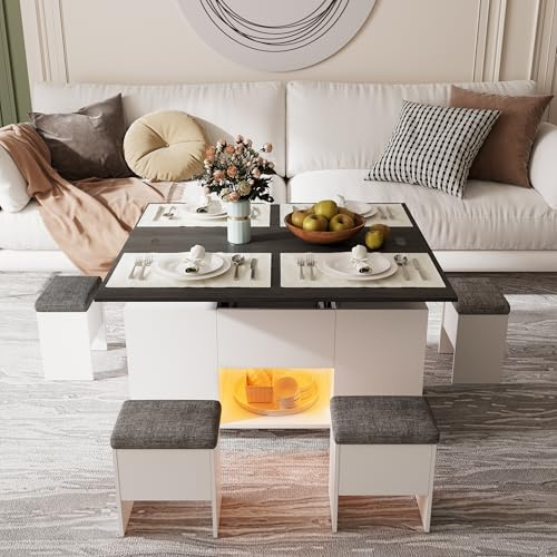 MSFE Mesa de Centro Elevable y Extensible con LED 4 en 1 Mesa de Salón Multifuncional Mesa de Centro Convertible en Mesa de Comedor de Salón con 4 Taburetes & Almacenamiento Mesita de Salón o Comedor