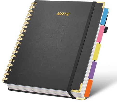 FREBLASO 5 Subject Notebook with Removable Dividers Tabs, 300 Pages Leather Hardcover Spiral Notebook College Ruled, 8x10 Large B5 Notebooks for Work School, Lined Journal for Women, Black