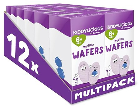 Kiddylicious Wafers Myrtille I Dès 6 Mois I Sans Gluten & Sans Lait I 12 Packs de 16g (4 Sachets de 4g) | 192g