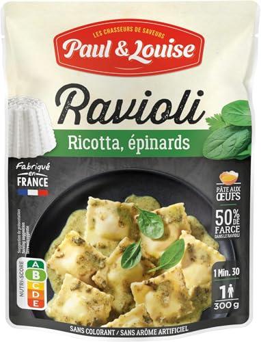 Paul & Louise Ravioli Ricotta, Épinards 300g - Sachet micro-ondable - Prêt en 1 minute 30 - Pâte aux œufs - Recette sans viande - Sans colorant - Sans arôme artificiel - Nutriscore B (Lot de 6)