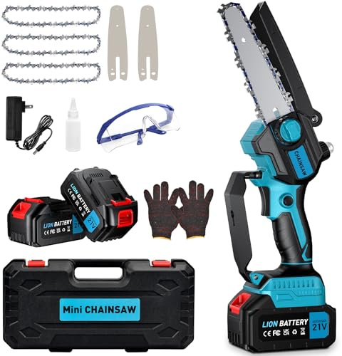 Mini Motosierra Bateria 2x4000mAh, 6 Pulgadas Motosierra Eléctrica, Sierra Electrica Sin Escobillas con Depósito Para El Aceite y Cadena Reemplazable, para Poda de Árboles y Trabajos de Jardinería