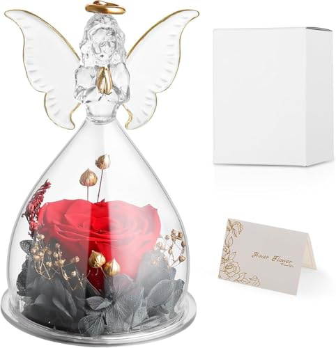 Anveltech Rosa Eterna,Figuritas de Rosas de Cristal con Forma de ángel y Collar Incorporado, San Valentín, Día de la Madre, Regalos de Cumpleaños para Mujeres