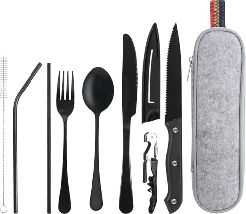 DMJJSD Juego De Cubiertos De Viaje Para Acampar, 9 Piezas, Cubiertos De Acero Inoxidable Con Estuche Portátil Para Camping, Trabajo, Escuela Y Viajes