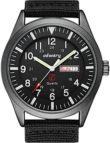 Infantry Mens Military Watch - Field Tactical Army Watch for Men with 12/24 Hour Time, Day Date, 5ATM Waterproof Analog Quartz Wristwatch, Durable Nylon Band for Outdoor Work Sport Black
