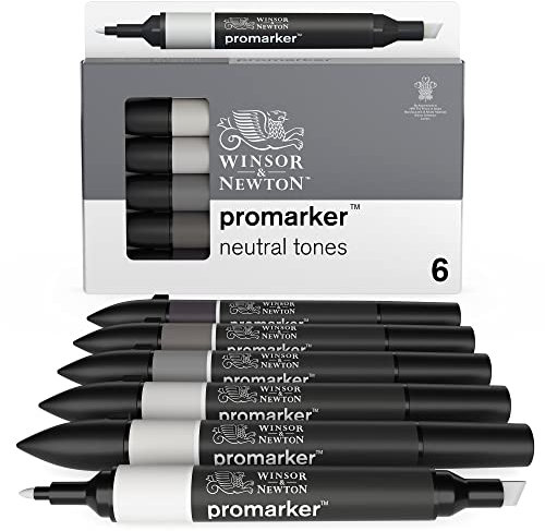 Winsor & Newton 0290154 ProMarker, Professioneller Layoutmarker - 2 Spitzen, fein und breit für Zeichnungen, Design und Layouts - 6 Farben Set -Neutrale Töne