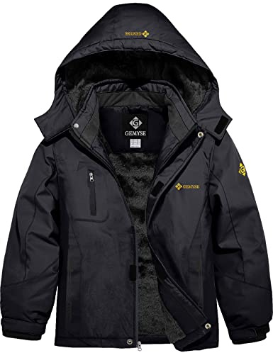 GEMYSE Boy's Waterproof Ski Snow Jacket Fleece Windproof Winter Jacket with Hood (Black,10/12)