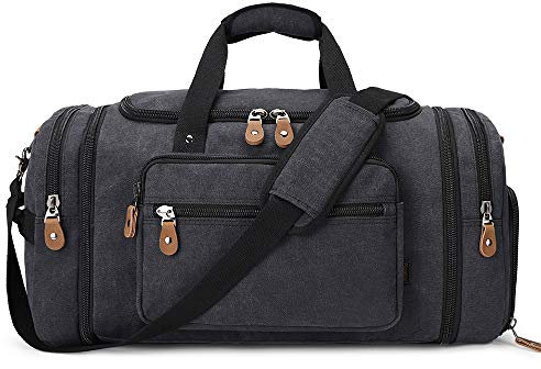 Erweiterbares Weekender Damen Herren Große Canvas Reisetasche mit Schuhfach 50L / 60L Sporttasche Duffle Bag Reisen Gym Urlaub Übernachtung Khaki/Grau/Dunkelgrau/Armee Grün