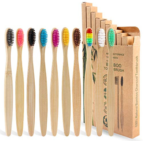 SWKJ Bamboo Toothbrushes with Soft Bristles,10 Packs of Biodegradable Organic Natural Wooden Toothbrush for Adult Kids, Eco-Friendly and Plastic Free Packaging for Family, Travel