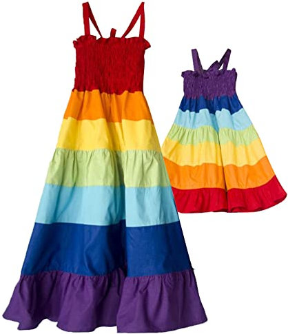 IMEKIS Mutter und Tochter Passendes Kleid Frauen Mädchen Off Shoulder Blumendruck Sommerkleid Familie Passendes Outfit Eltern Kind Lässig Langes Kleid Regenbogen M