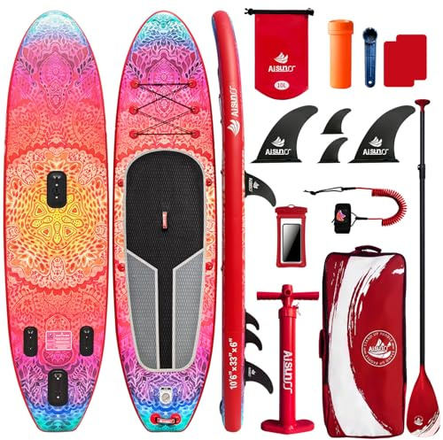 AISUNSS SUP Board 10.6Ft All Around Board Premium iSUP, Yoga Board with SUP Accessories Include Non-Slip mat, Waterproof Phone Bag, Double Action Pump, Adjustable Aluminum Paddle (Red Meditation)