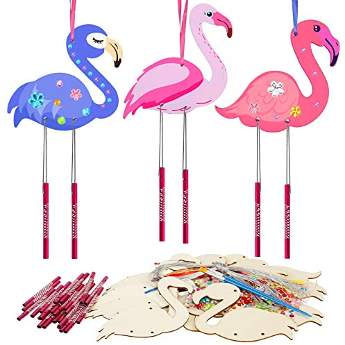 WEDNOK 9 Stück Flamingo Windspiel Bastelset Kinder Holz Klangspiel Basteln Bastelhandwerk zum Bemalen Flamingo Kreativsets für Mädchen Junge Kindergeburtstag Sommer Hawaii Party Flanmingosparty