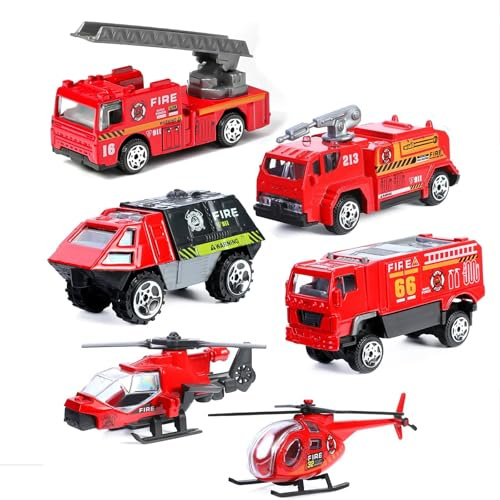 Fire Truck Toy for Boys, 6 Pcs Diecast Car Fire Truck, Helicopter,Ladder Truck, Fire Rescue Vehicle, Car Playsets Birthday Gift for Boys Kids Age 4 5 6 7 8 9 10 11 12