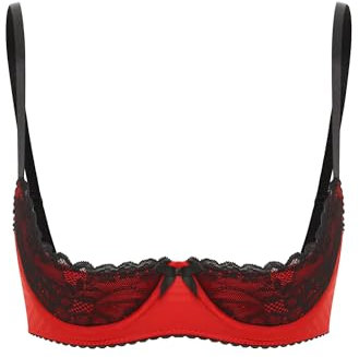 Kaerm Women's Lace Underwire Balconette Bras Push Up Half Cup Shelf Bra Lingerie Bust Bodice Red L