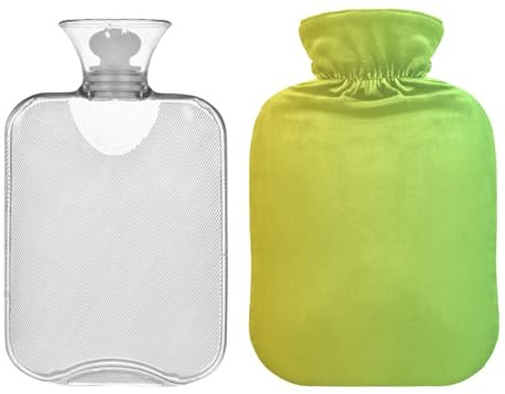 CHIFIGNO Wärmflasche mit Überzug, 2 Liter, strapazierfähig, für Menstruationsbeschwerden, Nacken, Schulter, Rückenschmerzen, Wärme- und Kältetherapien, Gelb / Grün