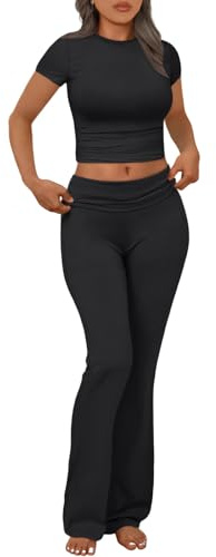 Trendy Queen Lounge Sets Per Le Donne 2 Pezzi Casual Y2K Outfits Manica Corta Top Piegare Over Flare Pantaloni Tute, nero, Medium