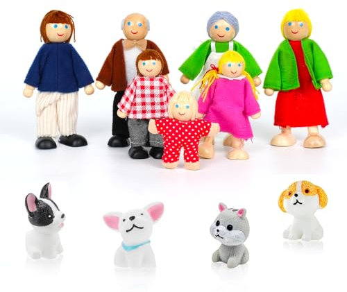 Lonsien Hölzerne Puppenhaus Puppen Familie Set 11 Stück Puppenfamilien Figuren Biegepuppen mit Katze und Hund Spielzeug Minipuppen Zubehör für Pretend Dollhouse Geschenk