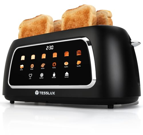 Tesslux 4 Slice Toaster with Touch Screen Control, 1.5 Wide Long Slots, 6 Browning Levels & 6 Bread Types, Digital Timer, Memory, Defrost, Reheat (Black)