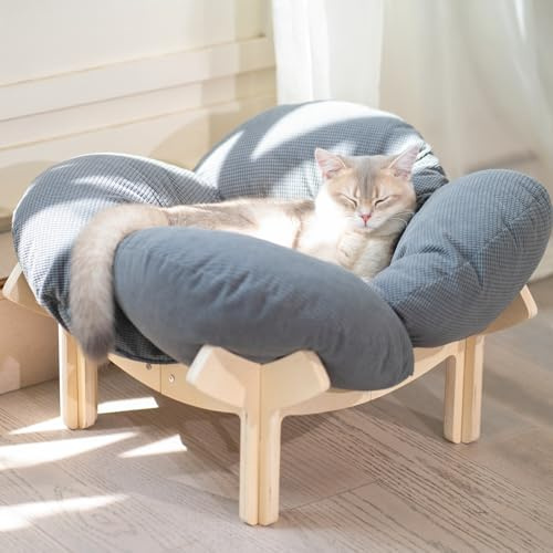CheerPals Elevated Flower Cat Bed, 55cm L&W Large Cat Sofa, Stylish Cats Chair with Highly Elastic Soft Cushion, Furniture for Sleeping for All Cats (Dark grey)
