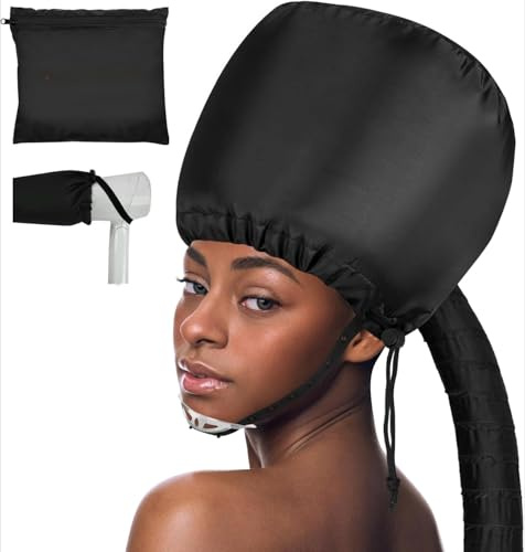 Hair Dryer Bonnet Attachment: Upgraded Extra Large Hooded Dryer Adjustable Hair Dryer Caps - Easy to Use for Natural Curly Textured Hair Care Styling Fast Drying - Black (Black)