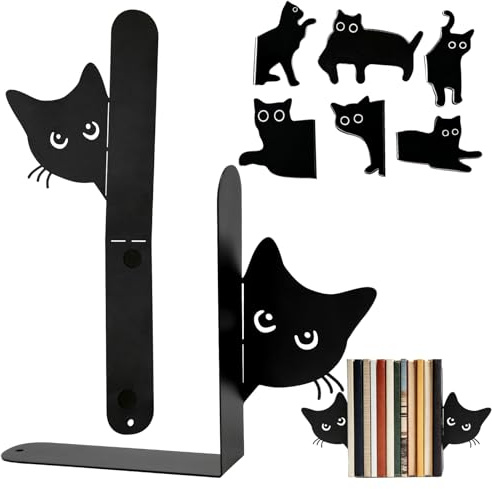 2 Pezzi Fermalibri in Metallo con Gatto, Divisori Libri per Libreria con Segnalibro Magnetico, Reggilibri per Libreria per Studenti, Ufficio e Decorazioni Casa