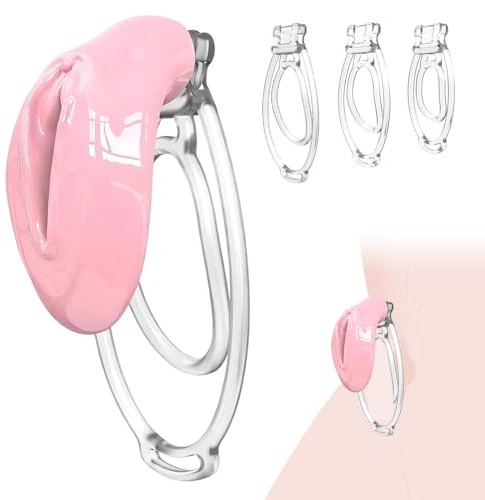 Qcpuuu Chastity Cage Pene, Gabbietta di Castità per Uomo Piccola con labbra e 3 Anello per il Pene, Giocattoli Sessuali Adulti Oggetti Sessuali Hot per Coppie, Toys Sessuali per Uomini, Rosa