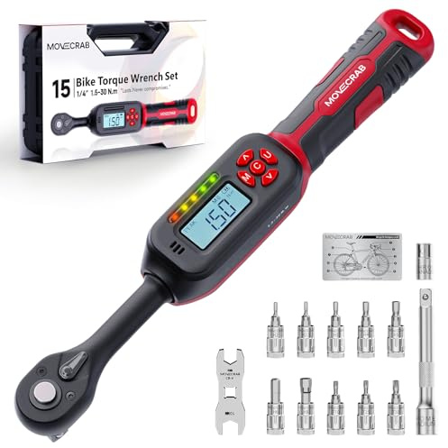 MOVECRAB Llave Dinamométrica Digital 1/4, Juego de Llaves para Bicicleta 1.5-30 Nm, Acero S2, Precisión ±2%, Incluye Llaves de Freno 8/10mm, Extensión y Vasos para MTB/Carretera