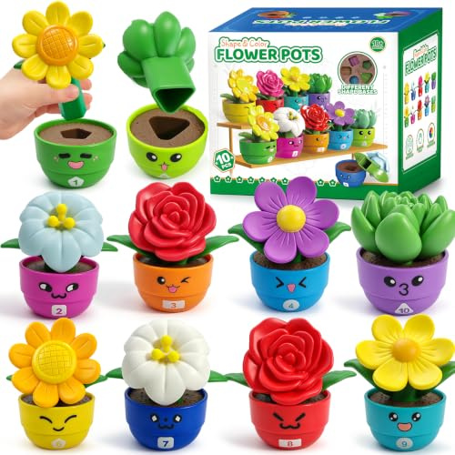 GEERAY Montessori Flower Garden Building Toy, 10 Sets Toddler Shape & Color Matching Game, Fine Motor Skills Preschool Sensory Toys, Educational Gardening Gift for 1-3 Year Old Boys Girls