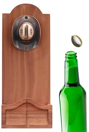 Abrebotellas montado en la pared - Madera de 15 cm, removedor de tapa de refrescos, larga duración, decoración de barra retro, diseño moderno | Abridor de botellas con recogedor de para cocina,
