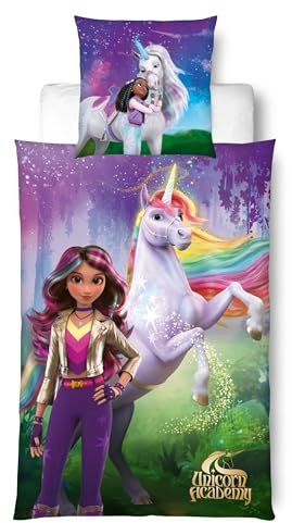 MTOnlinehandel sängkläder Unicorn Academy 135 x 200 – tjej presentidé, 1 x örngott 80 x 80 påslakan 135 x 200, med dragkedja – Sophia, AVA, Layla barnsängkläder för enhörningsfans