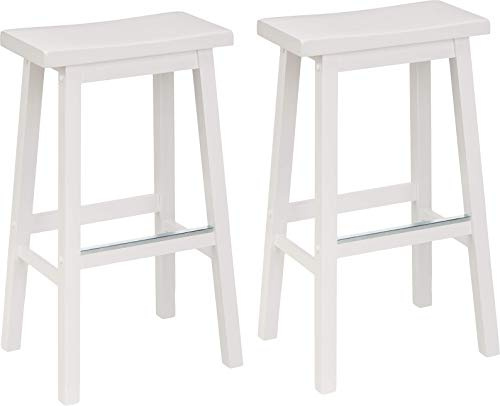 Amazon Basics Solid Wood Saddle-Seat Counter Height Bar Stools for Kitchen Island and Home Bar with Footrest, 29-Inch Height, White, Set of 2