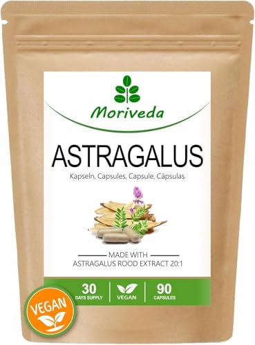 MoriVeda® Astragalus cápsulas 1600 mg, extracto en polvo de raíz de tragacanto 20:1, 112 mg de polisacáridos para el sistema inmunológico y la protección celular, vegano y sin gluten (90 cápsulas)