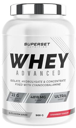 Superset Nutrition - 100% Whey Proteine Advanced (900g) - 74% de protéines - Isolat + Concentrat + Hydrolysat, Digestion optimisée, Riche en BCAA et en glutamine - Fraise Yogourt