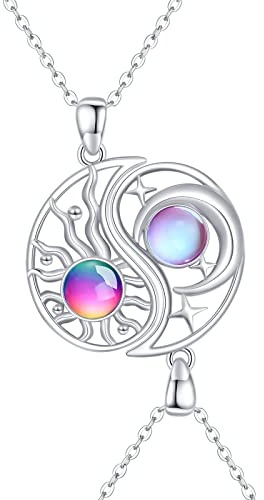 Waysles 2 Stücke BFF Halsketten Mond Sonne 925 Sterling Silber Schwestern Halskette Runden mit Kristallen Sonne und Mond Freundschaftskette BFF Schmuck für 2
