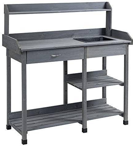 Outsunny Mehrzweck-Umtopftisch Gartentisch mit Schublade, 3 Regalen, Spüle, 3 Haken - Pflanztisch Tannenholz vorgeölt grau