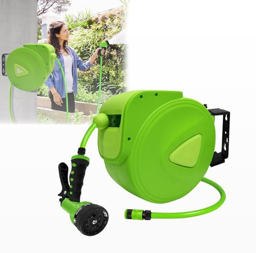UISEBRT Carrete de manguera de 30 + 2 m, con alcachofa de mano, soporte de pared, caja de manguera de pared giratoria 180°, manguera de jardín para jardín, riego, lavado de coches, verde
