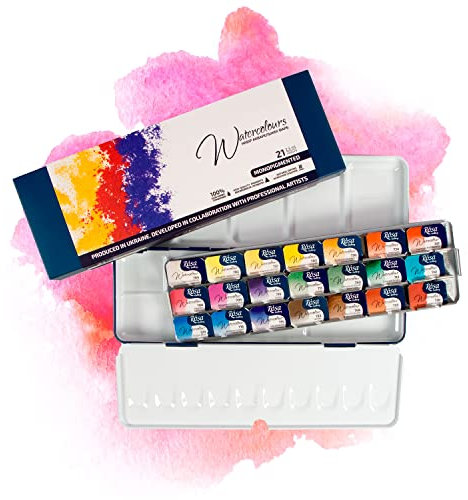 7 Artists Monopigment Aquarellfarben Rosa Gallery Set – 21 x Näpfchen Lebendige Farben, Hochwertige Künstler-Aquarell im Mehrzweck-Metallkasten mit Mischpalette, Künstler Aquarellkasten
