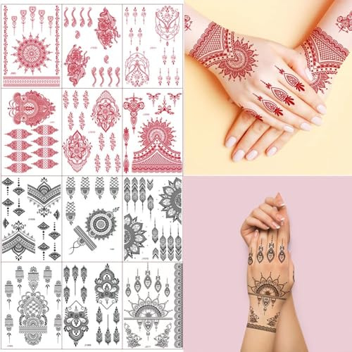 XMASIR 12 Sheets Temporary Tattoo Sticker, Mandala Fake Lace Tattoo Kits | Black Red Waterproof Tattoos, Lotus Flower Body Art Tattoos For Women Girls
